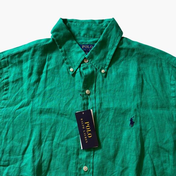 Polo Ralph Lauren Shirt Mens Large Green Classic 100% Linen button Long Sleeve - Picture 3 of 11